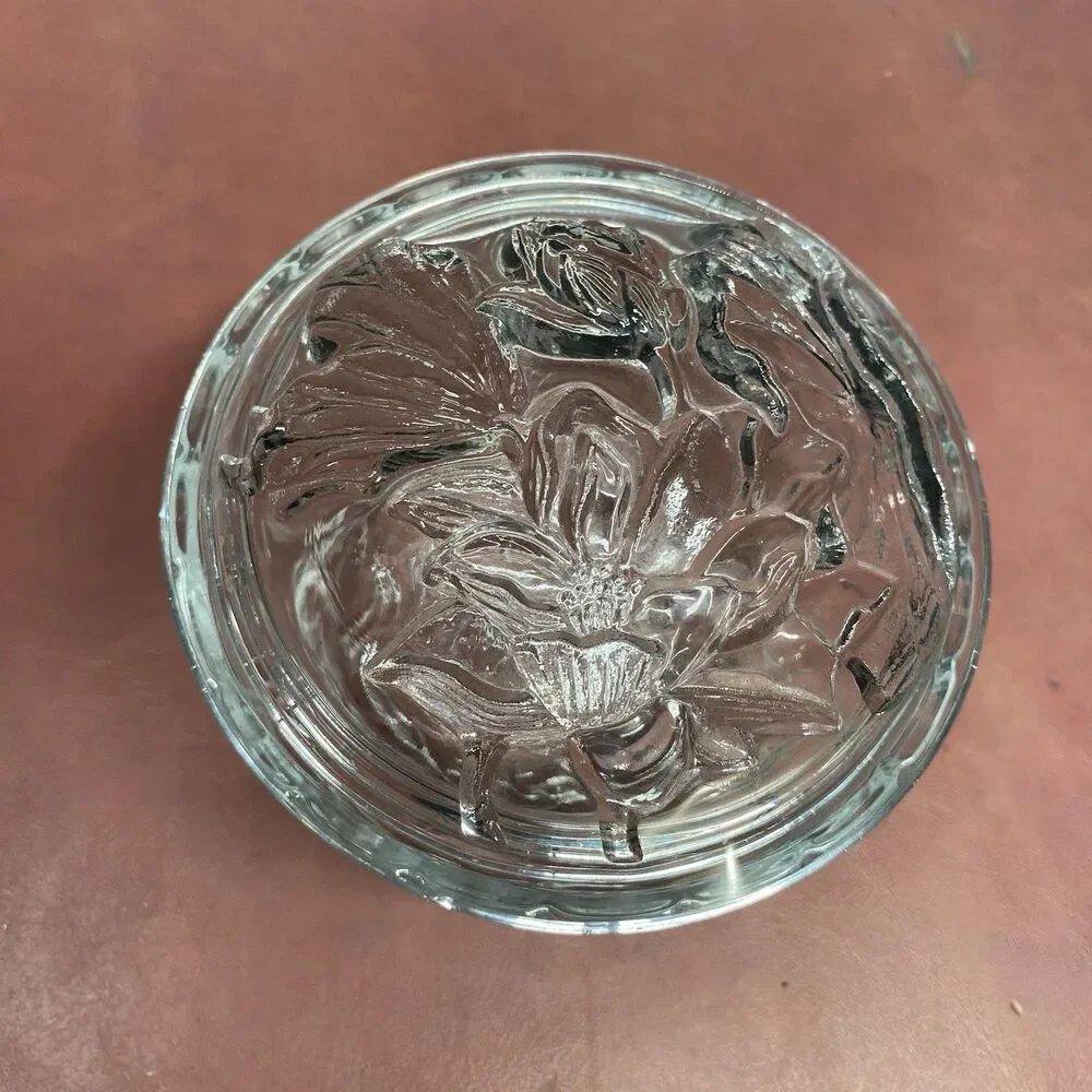 Glass Candy Or Trinket Dish Raised 3D Flower Vintage 1980s with Lid